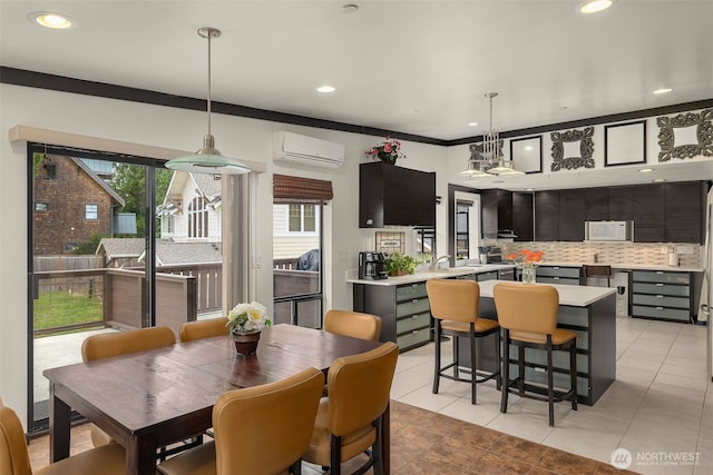 dining room with light tile patterned flooring, recessed lighting, and a wall mounted air conditioner