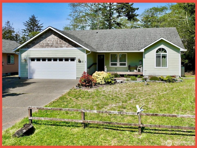ranch-style home featuring an attached garage, concrete driveway, a porch, and roof with shingles