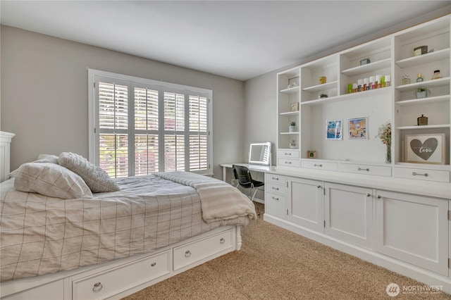 bedroom with light colored carpet