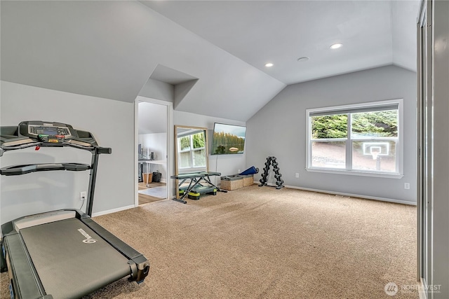 exercise area featuring baseboards, recessed lighting, carpet, and lofted ceiling