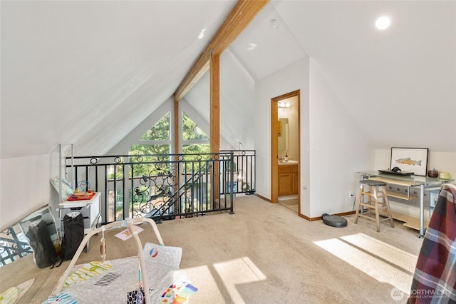 1391 Oakmont Dr, Cle Elum, WA 98922 - carpeted office with baseboards and lofted ceiling with beams