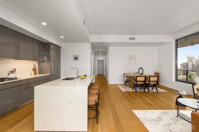 kitchen featuring a sink, light wood-type flooring, gray cabinets, and modern cabinets