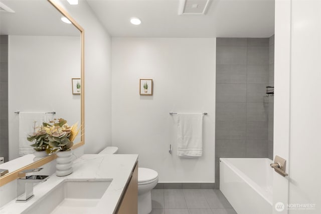full bathroom with tile patterned flooring, vanity, visible vents, toilet, and a washtub
