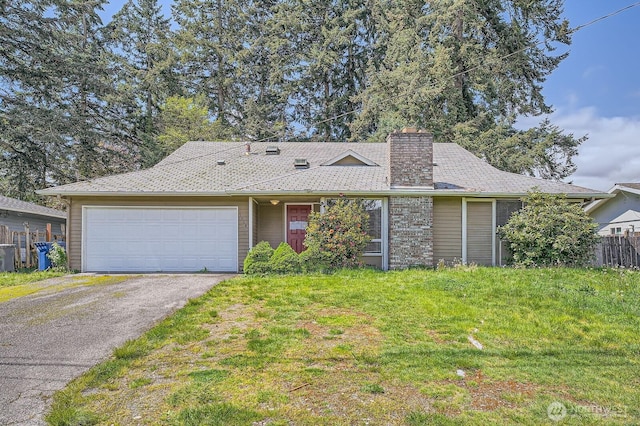 ranch-style house featuring a garage, a front lawn, aphalt driveway, fence, and a chimney