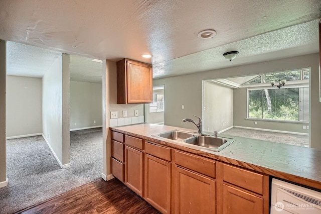 kitchen featuring a sink, light countertops, a textured ceiling, baseboards, and dishwashing machine