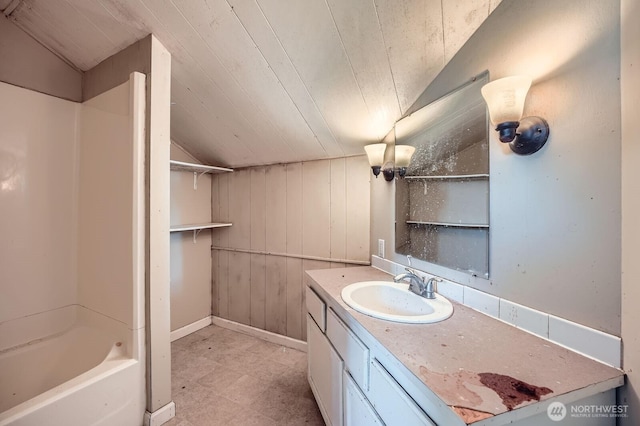 full bathroom featuring wood ceiling and vanity