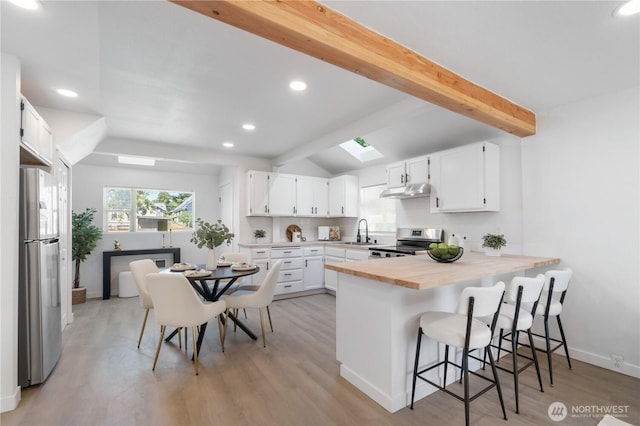 916 S Sheridan Ave, Tacoma, WA 98405 - kitchen featuring stainless steel appliances, a peninsula, recessed lighting, light wood finished floors, and white cabinetry