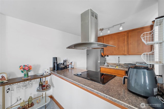 kitchen featuring black electric stovetop, a sink, brown cabinetry, freestanding refrigerator, and island exhaust hood