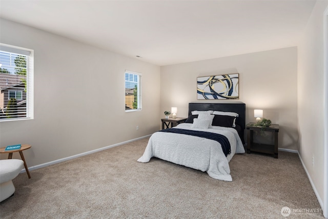 bedroom with baseboards, multiple windows, and carpet