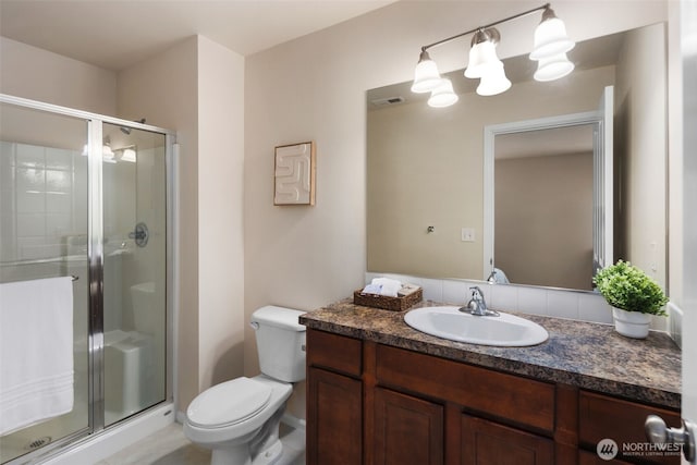 full bath with visible vents, vanity, toilet, and a shower stall