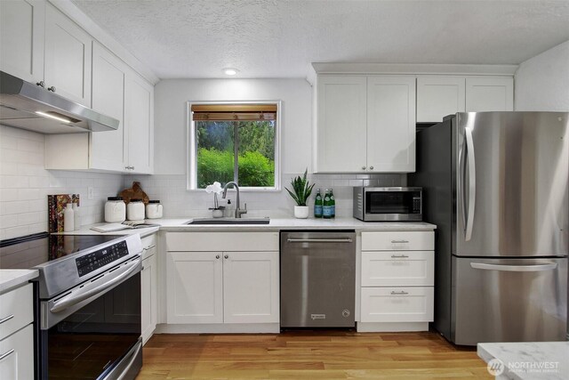 kitchen featuring a sink, light countertops, under cabinet range hood, stainless steel appliances, and white cabinetry