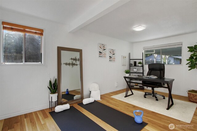 home office with baseboards, wood finished floors, and beam ceiling