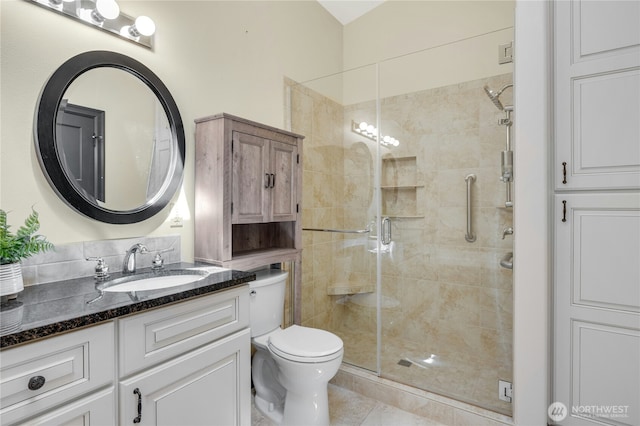 full bath with vanity, tile patterned flooring, a stall shower, and toilet