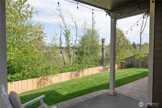 view of yard featuring a patio and a fenced backyard
