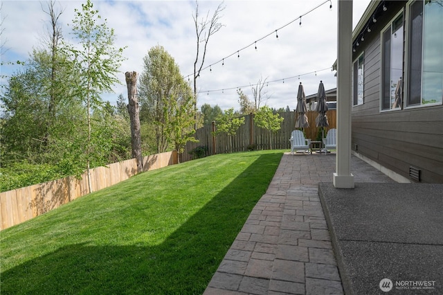 view of yard with a patio and a fenced backyard