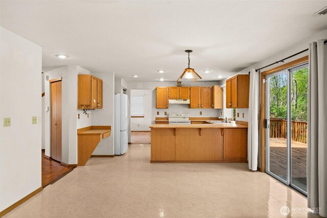 kitchen with a sink, electric stove, freestanding refrigerator, a peninsula, and under cabinet range hood