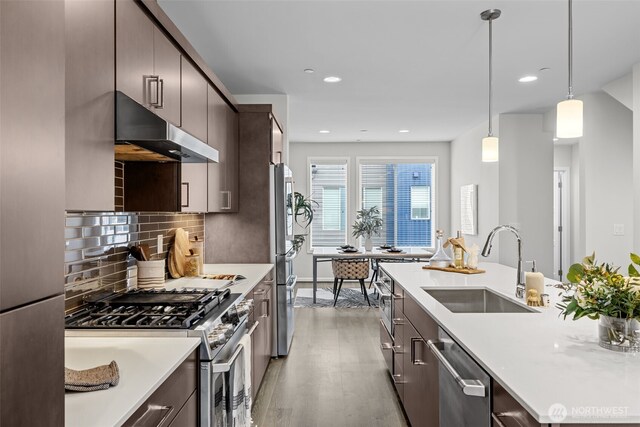 kitchen with a sink, light countertops, under cabinet range hood, stainless steel appliances, and light wood-style flooring
