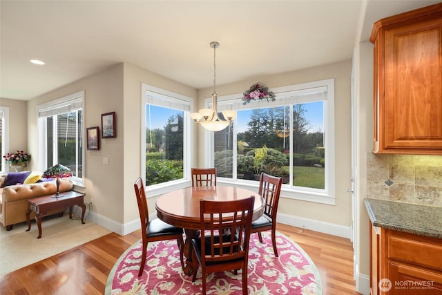 dining area featuring a healthy amount of sunlight, baseboards, and light wood-type flooring