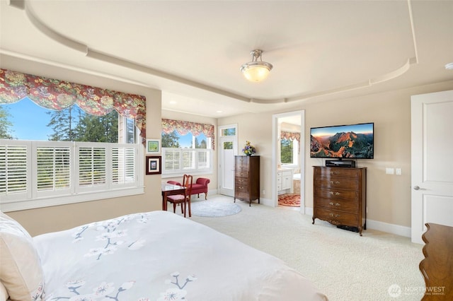 carpeted bedroom featuring baseboards, a tray ceiling, and ensuite bath