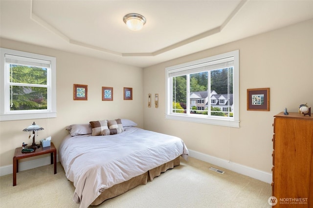 carpeted bedroom with baseboards, visible vents, multiple windows, and a raised ceiling