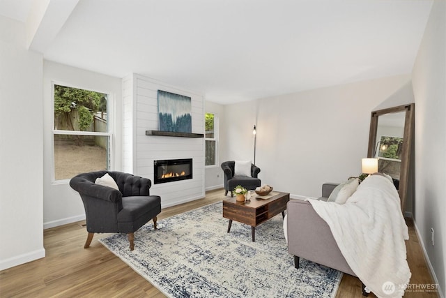 living area featuring baseboards, a fireplace, and wood finished floors