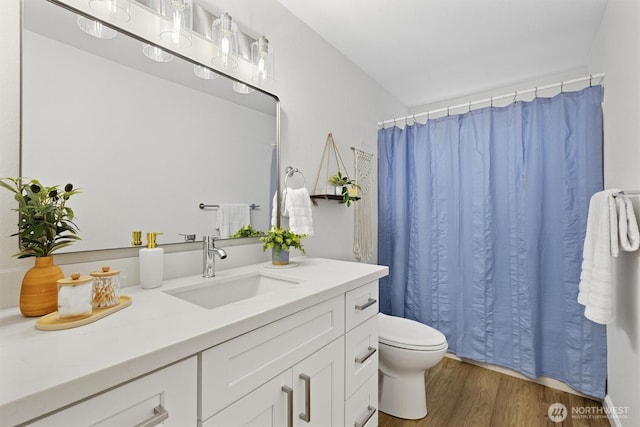 full bathroom featuring vanity, toilet, wood finished floors, and a shower with shower curtain