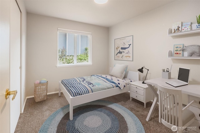 carpeted bedroom featuring baseboards