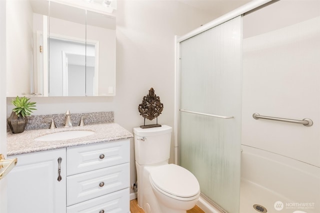 full bathroom featuring vanity, a stall shower, and toilet