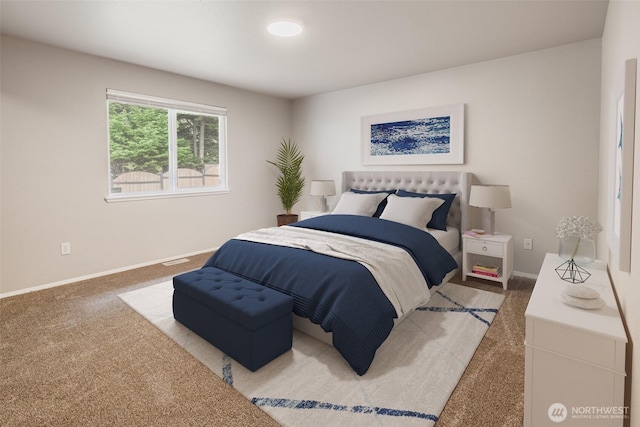 bedroom featuring carpet floors, baseboards, and visible vents