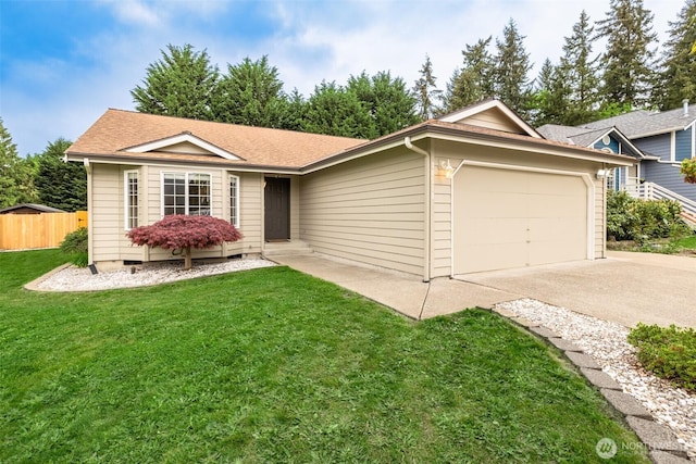 ranch-style house featuring a garage, fence, a front yard, a shingled roof, and driveway