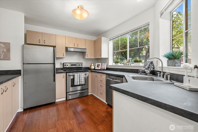 kitchen featuring appliances with stainless steel finishes, dark countertops, dark wood finished floors, a sink, and under cabinet range hood