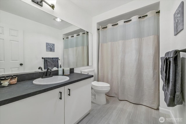 full bathroom featuring toilet, curtained shower, and vanity