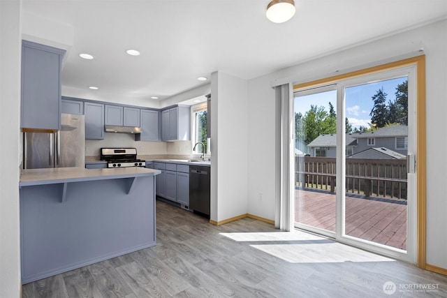 1507 Fruitland Dr, Bellingham, WA 98226 - kitchen with stainless steel appliances, under cabinet range hood, a kitchen bar, light countertops, and light wood-style floors