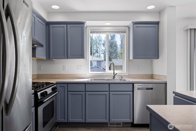 1507 Fruitland Dr, Bellingham, WA 98226 - kitchen with appliances with stainless steel finishes, a sink, under cabinet range hood, and light countertops