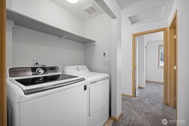1507 Fruitland Dr, Bellingham, WA 98226 - washroom with independent washer and dryer, light carpet, baseboards, and attic access