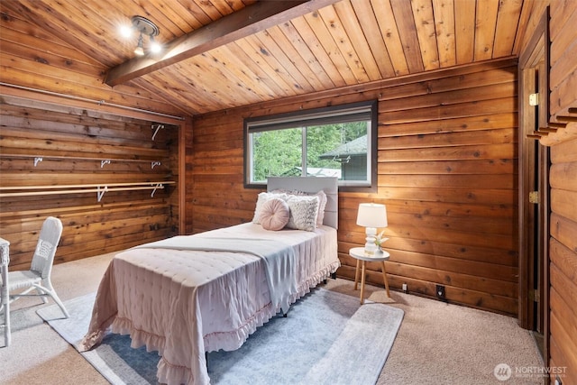 carpeted bedroom featuring wooden walls, wood ceiling, and lofted ceiling with beams