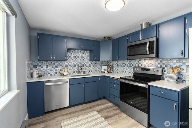 kitchen with stainless steel appliances, blue cabinetry, a sink, and tasteful backsplash
