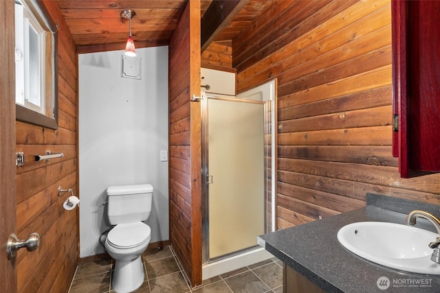 full bathroom featuring tile patterned flooring, wooden walls, toilet, and a shower stall