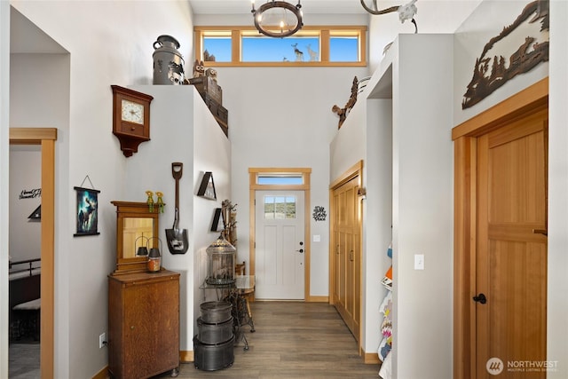 foyer featuring baseboards, a chandelier, and wood finished floors