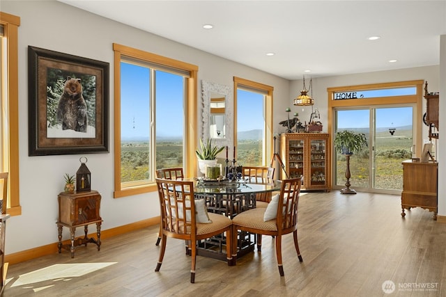 dining space with recessed lighting, wood finished floors, and a healthy amount of sunlight