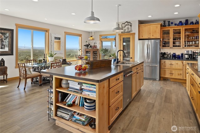 kitchen featuring open shelves, a kitchen island with sink, dark countertops, a sink, and stainless steel appliances
