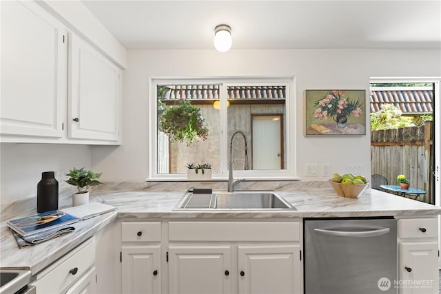 kitchen featuring plenty of natural light, a sink, dishwasher, and white cabinets