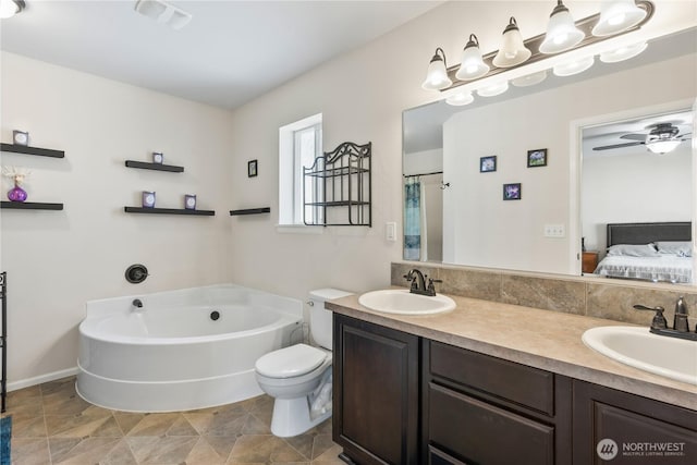 full bathroom with connected bathroom, double vanity, a sink, and a garden tub