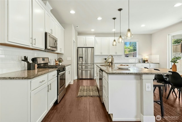 kitchen with decorative backsplash, dark wood-type flooring, recessed lighting, a sink, and stainless steel appliances