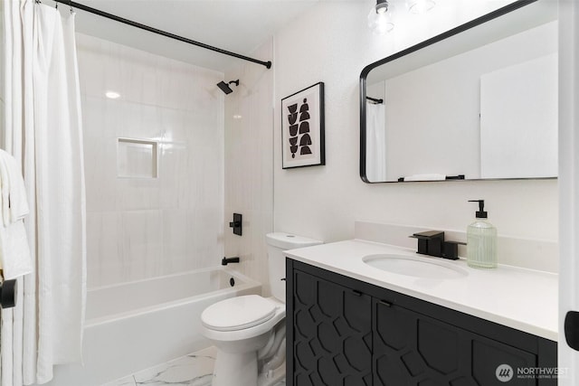 full bathroom featuring toilet, shower / bathtub combination with curtain, marble finish floor, and vanity