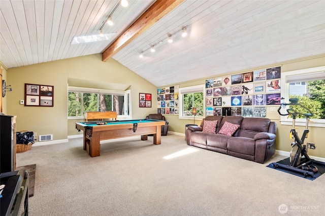 recreation room featuring rail lighting, carpet floors, plenty of natural light, billiards, and wooden ceiling