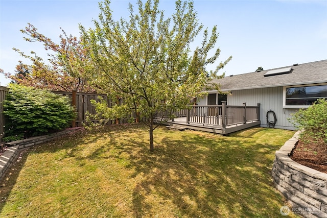 view of yard with a fenced backyard and a deck