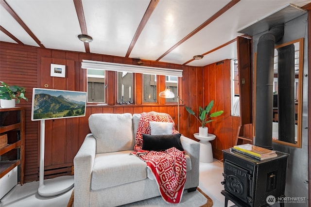 living area featuring wooden walls and a wood stove