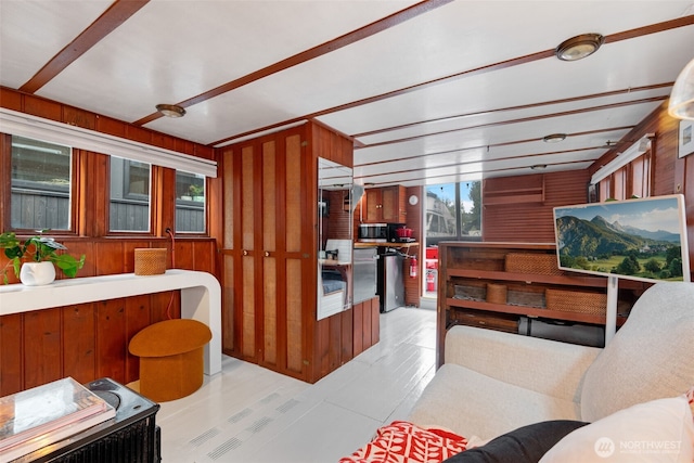 living area featuring wooden walls and plenty of natural light