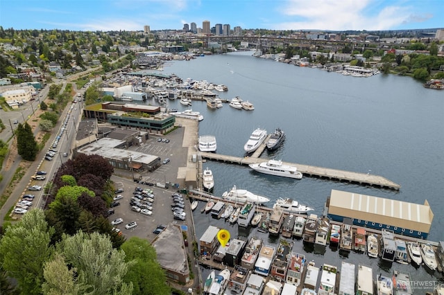 aerial view featuring a view of city and a water view